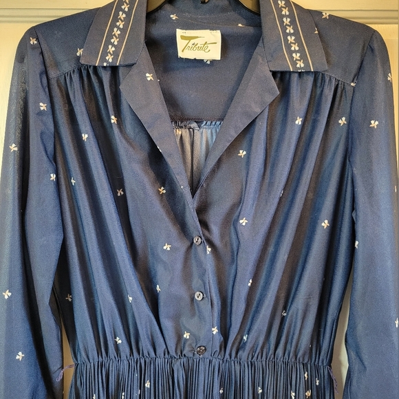 Vintage Tribute Navy Semi Sheer Collared Long Sleeve Dress - Picture 2 of 7